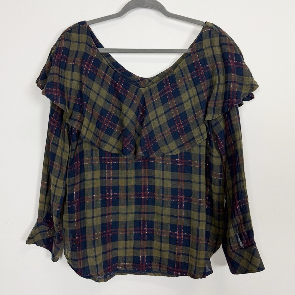 Finley Plaid Blouse Womens Medium Olive Green Navy Blue Cotton Blouse Metallic